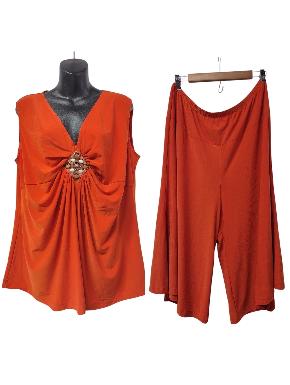 Midnight Velvet Orange 2 Piece Pant Set 1X Sleeveless Twist Front Top + Wide Leg